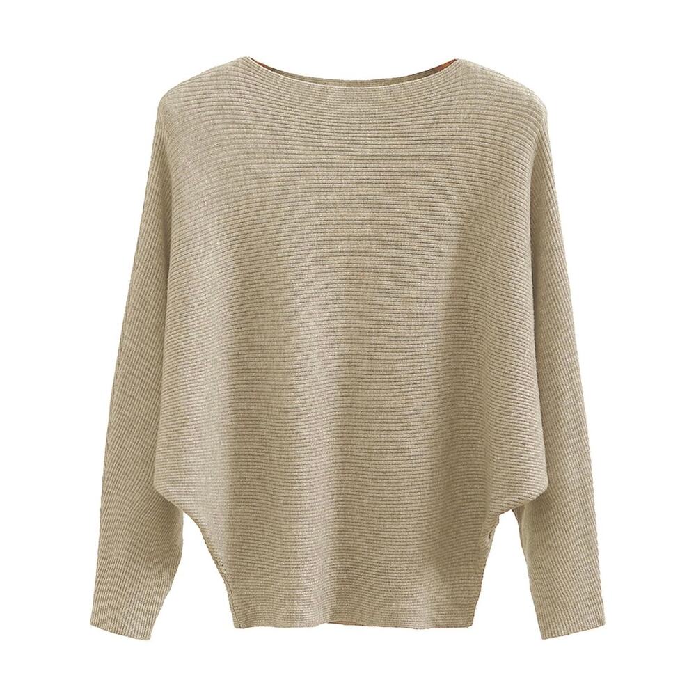 GABERLY Tan Boat Neck Batwing Dolman Ribbed Knit Oversized Sweater One Size NEW